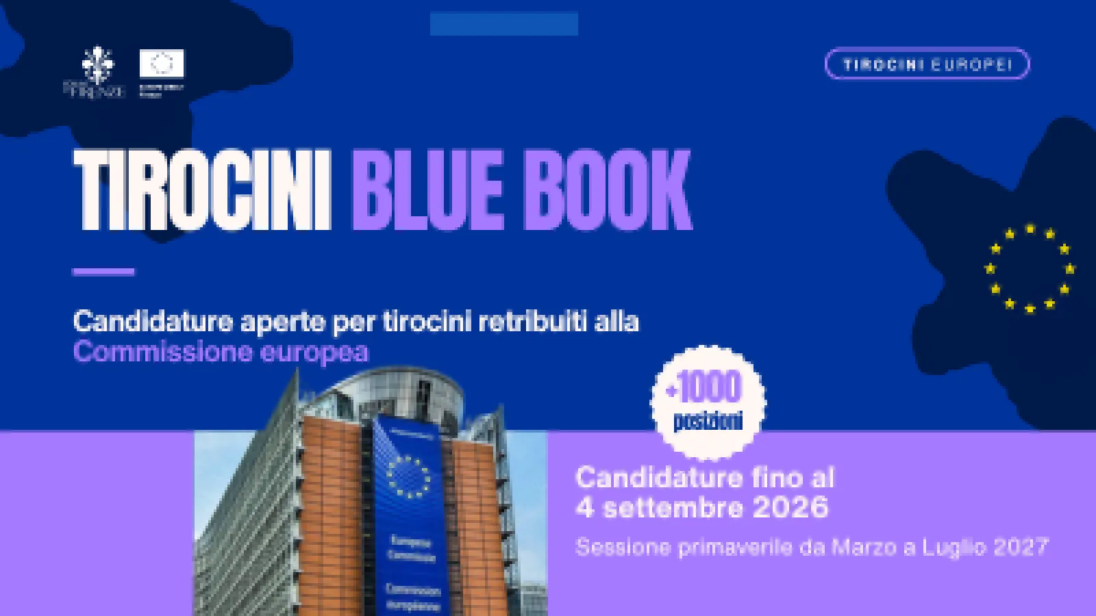 grafica su sfondo blu e viola e immagine della sede della Commissione europea
