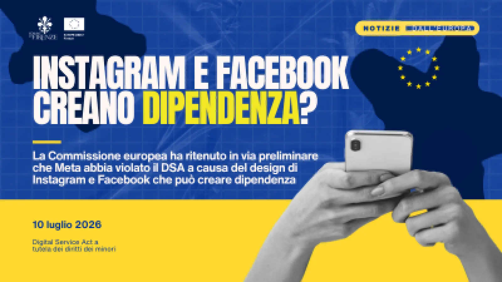 Grafica con sfondo blu e immagine di due mani che tengono uno smartphone