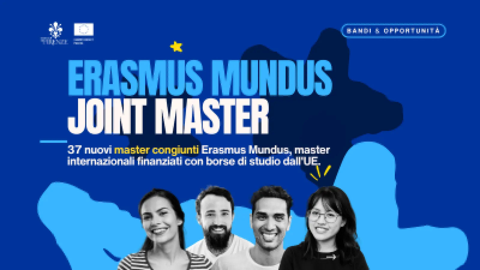 grafica con sfondo blu e ragazzi in primo piano in bianco e nero