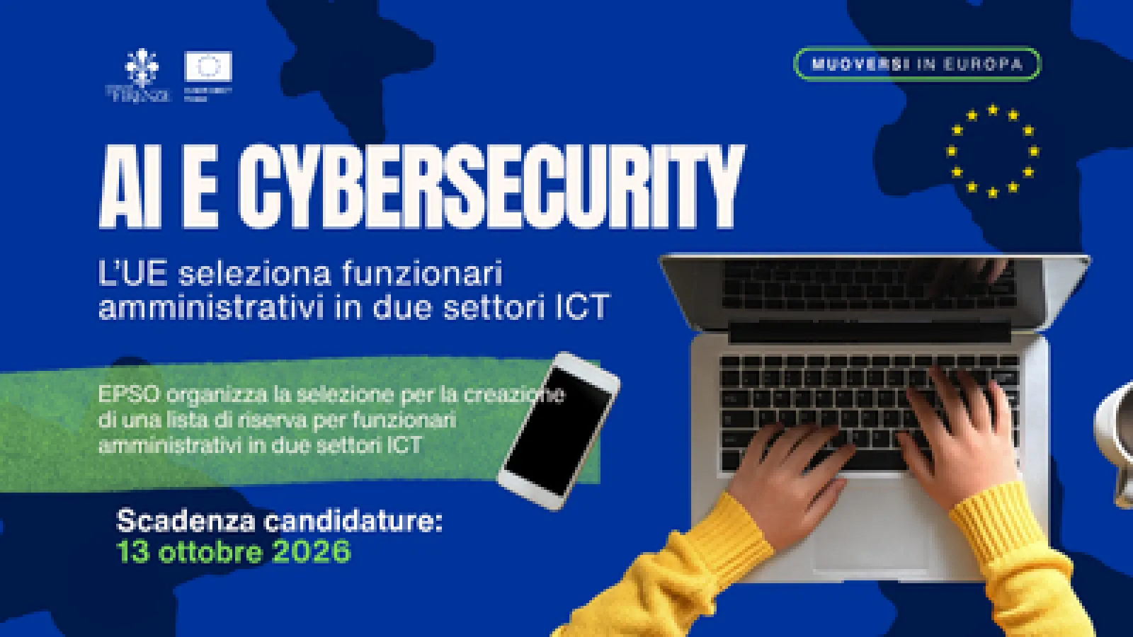grafica su sfondo blu con immagine di pc con mani di persona
