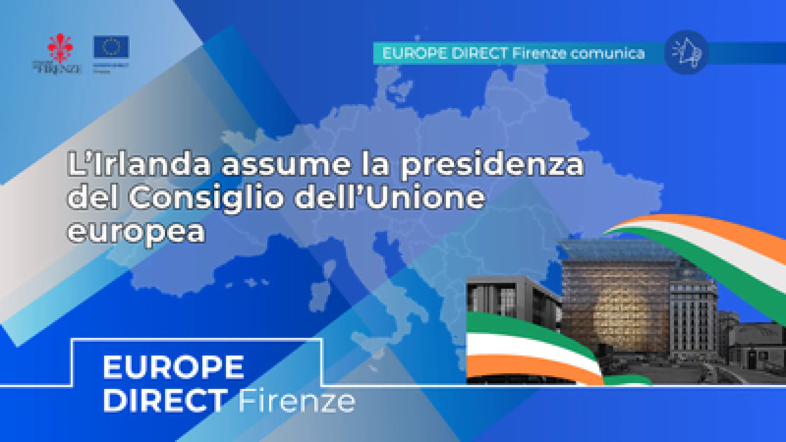 Palazzo del Consiglio dell'Ue con bandiere dell'Irlanda