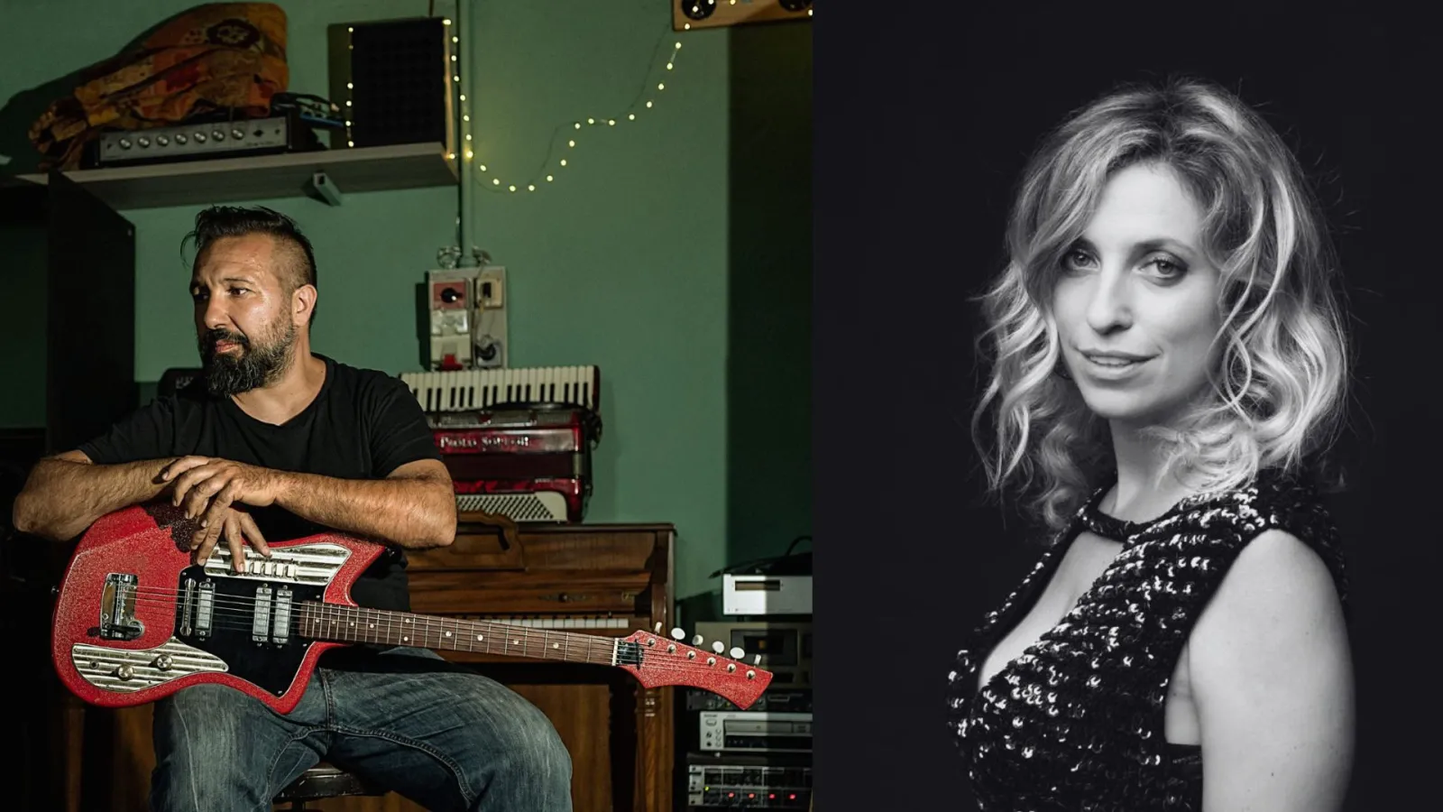 due immagini accostate, musicista con chitarra, primo piano scrittrice in B/N