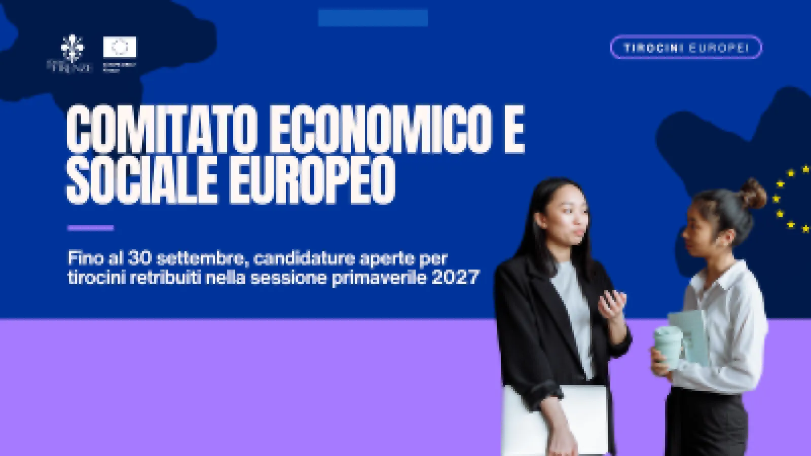grafica con sfondo blu, titolo dell'opportunità e due ragazze in primo piano
