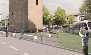 dettaglio della linea con convoglio che costeggia la Torre della 