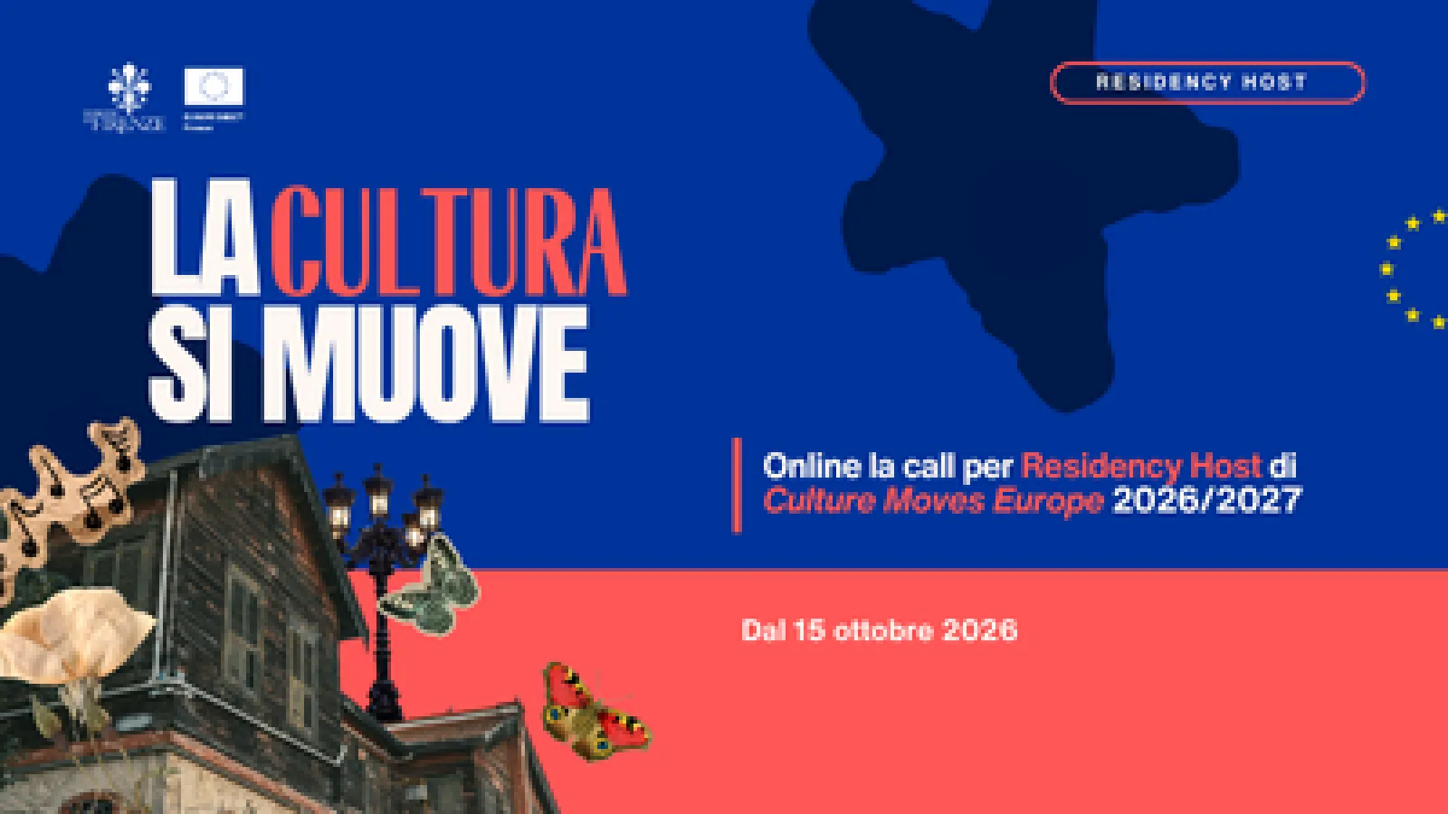 grafica su sfondo blu e rosa con scritta "La cultura si muove"