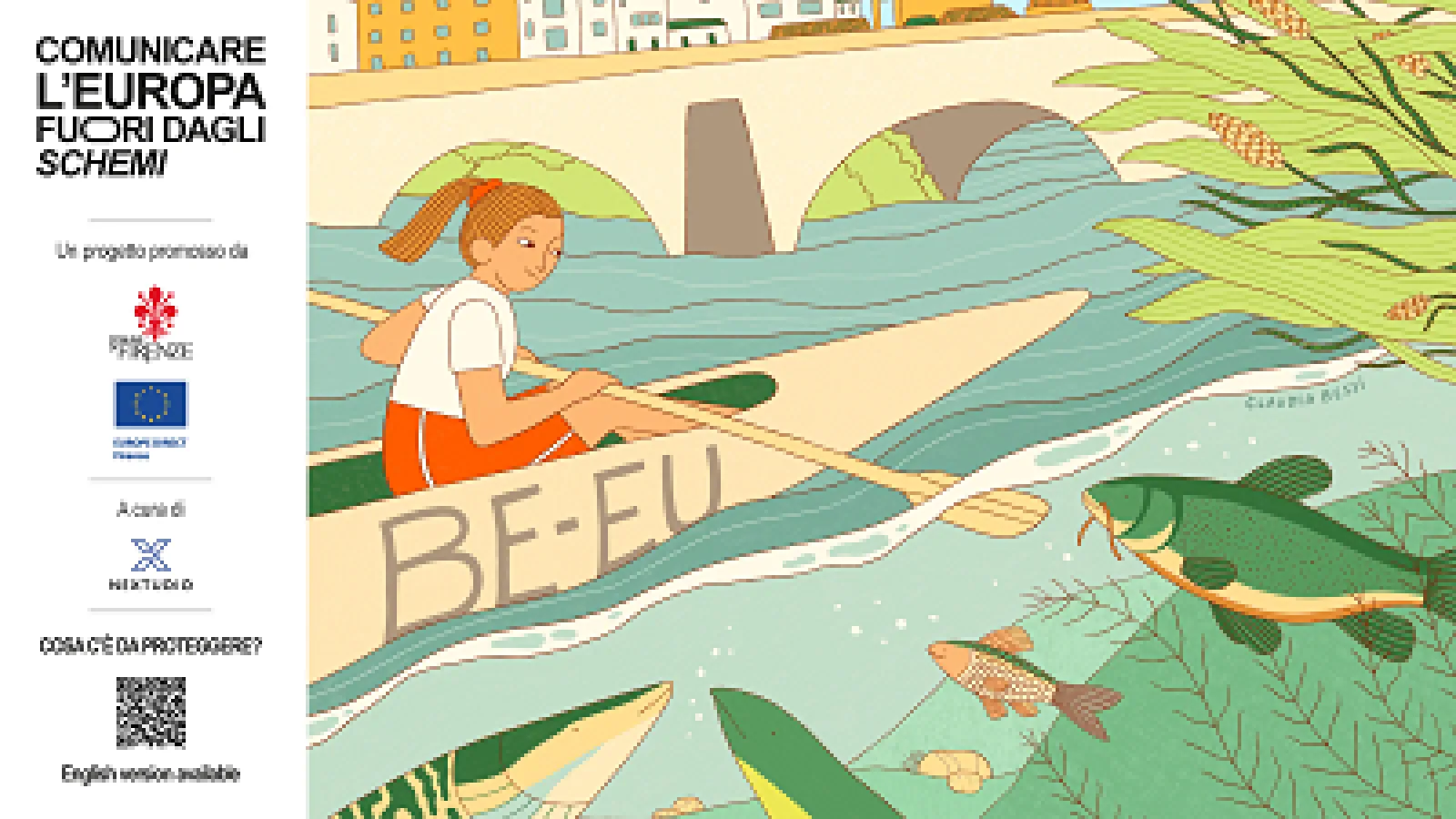 Dettagli artwork con ragazza su canoa che naviga il fiume e con pesci e vegetazione