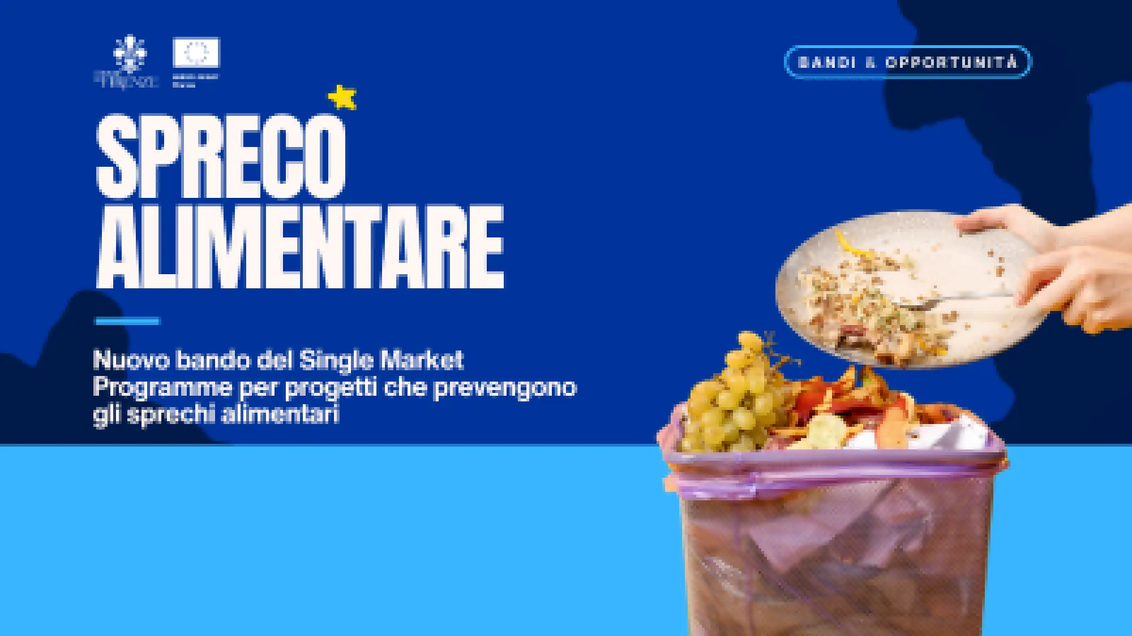 Grafica sul tema spreco alimentare su sfondo blu e immagine di cestino di rifiuti alimentari