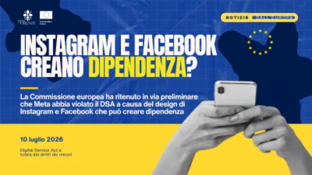 Grafica con sfondo blu e immagine di due mani che tengono uno smartphone