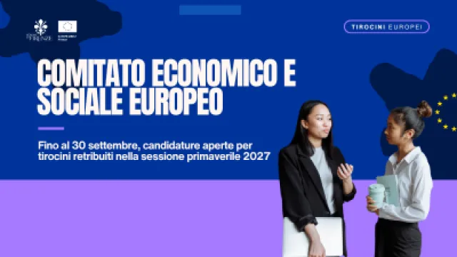 grafica con sfondo blu, titolo dell'opportunità e due ragazze in primo piano