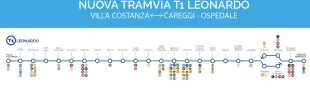 Percorso della linea T1 Leonardo con indicazione delle fermate