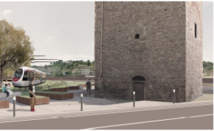 dettaglio della linea con convoglio che costeggia la Torre della Zecca