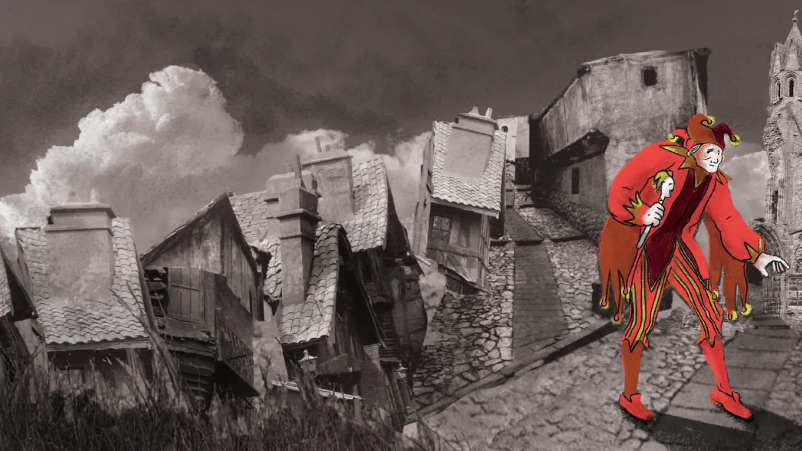 illustrazione di un giullare su foto in bianco e nero