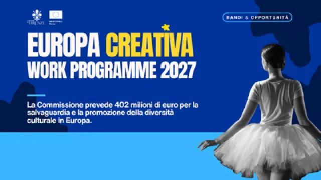 grafica su sfondo blu con immagine di danzatrice classica di schiena