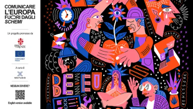 Art work su sfondo nero e rappresentazione grafica di diverse persone a lavoro