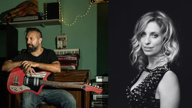 due immagini accostate, musicista con chitarra, primo piano scrittrice in B/N