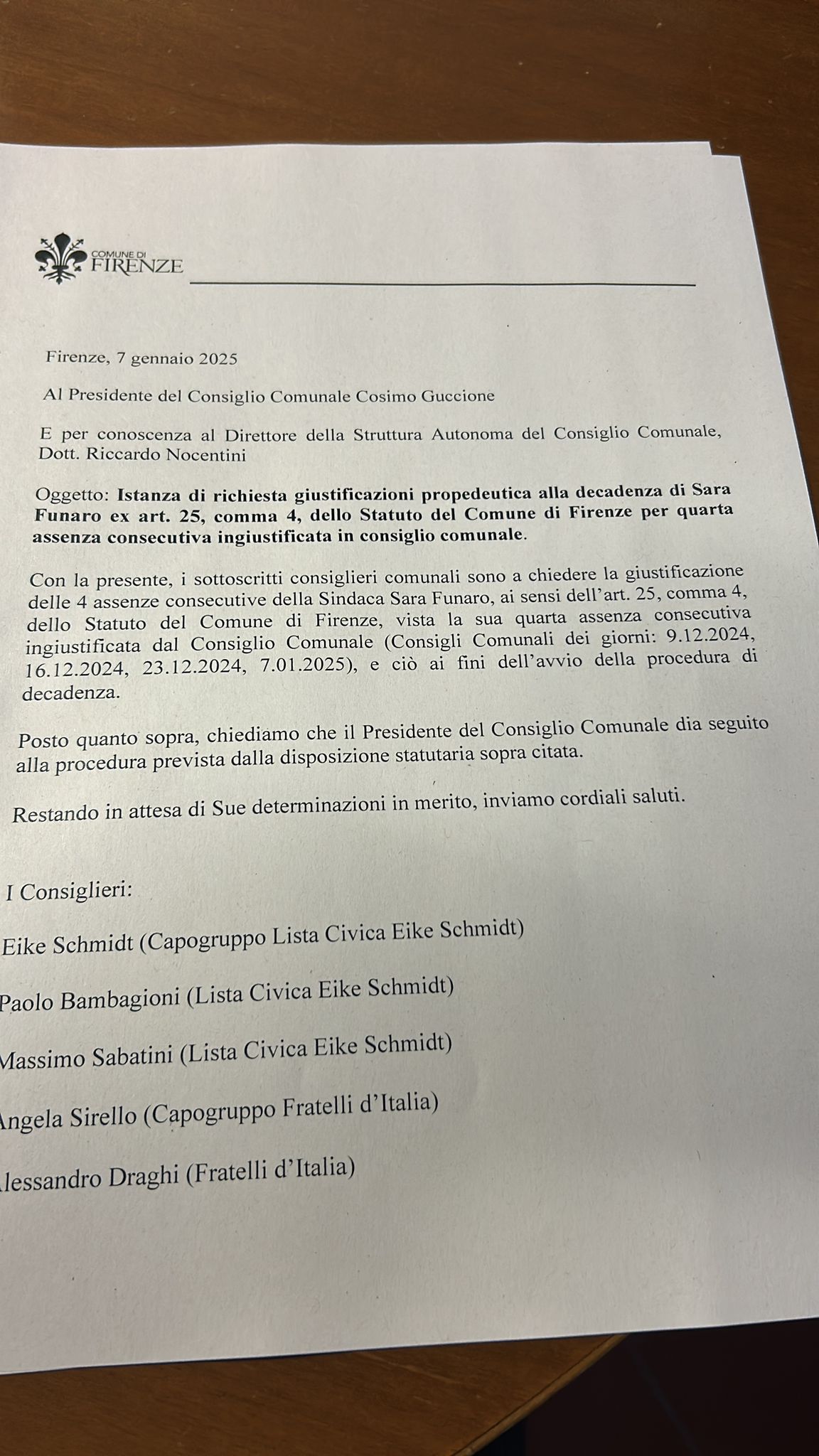Richiesta giustificazioni a Funaro Richiesta giustificazioni a Funaro