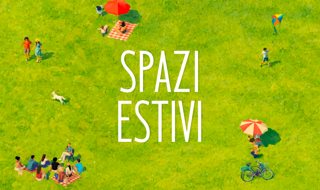 GRAFICA ESTATE FIORENTINA PRATO VERDE SCRITTA AL CENTRO PERSONE AI LATI CON OMBRELLONI COLORATI, PALLA, CANI, CONVIVIALI