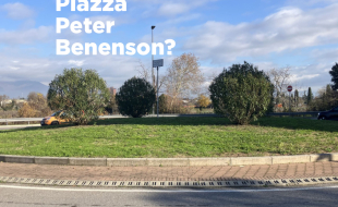 la piazza con area verde e alberi