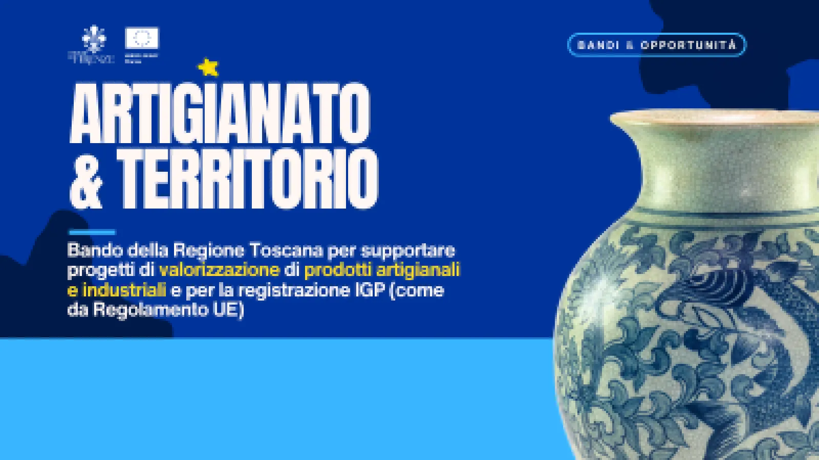 Grafica su sfondo blu con vaso di ceramica