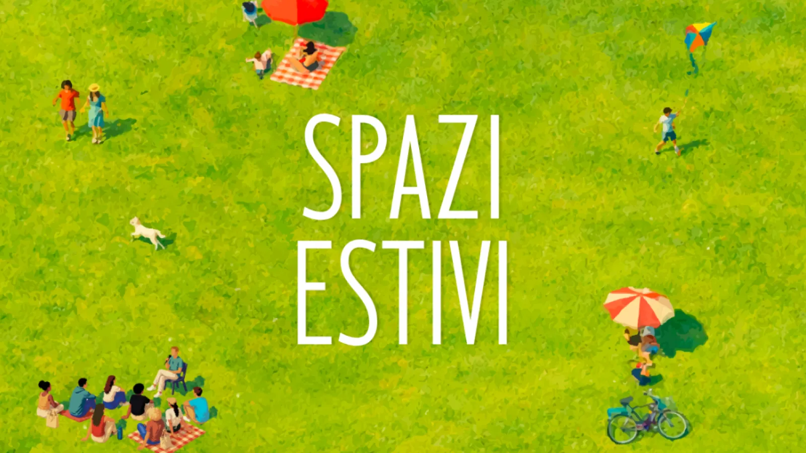 SPAZI ESTIVI GRAFICA ESTATE FIORENTINA PRATO VERDE SCRITTA AL CENTRO PERSONE AI LATI CON OMBRELLONI COLORATI, PALLA, CANI, CONVIVIALI