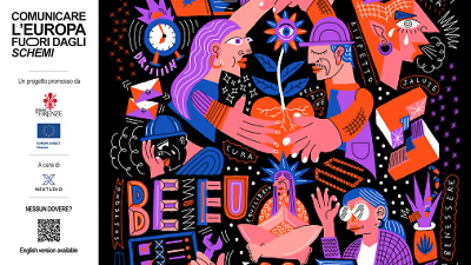 Art work su sfondo nero e rappresentazione grafica di diverse persone a lavoro