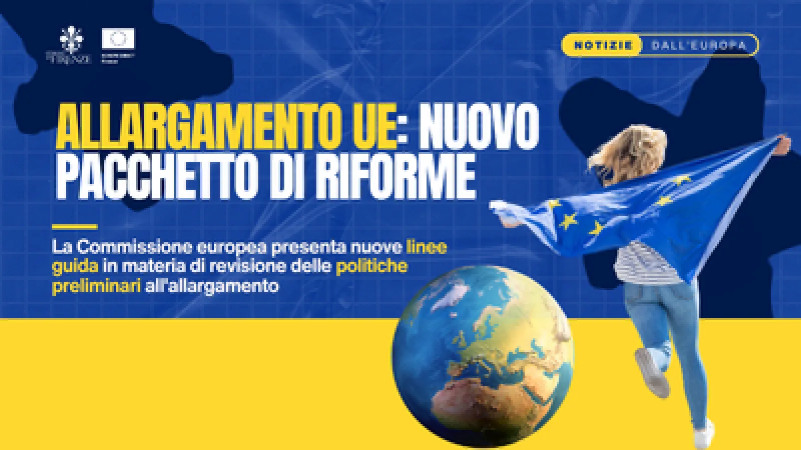 Mappamondo e ragazza con bandiera UE