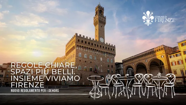 palazzo vecchio con grafica di tavolini e sedie in piazza signoria