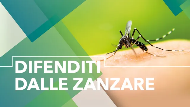 Immagine di una zanzara sopra la pelle con la scritta Difenditi dalle Zanzare