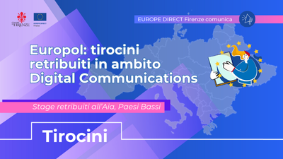 sfondo viola, loghi Comune di Firenze e Europe Direct Firenze, testo: Europol: tirocini retribuiti in ambito Digital Communications