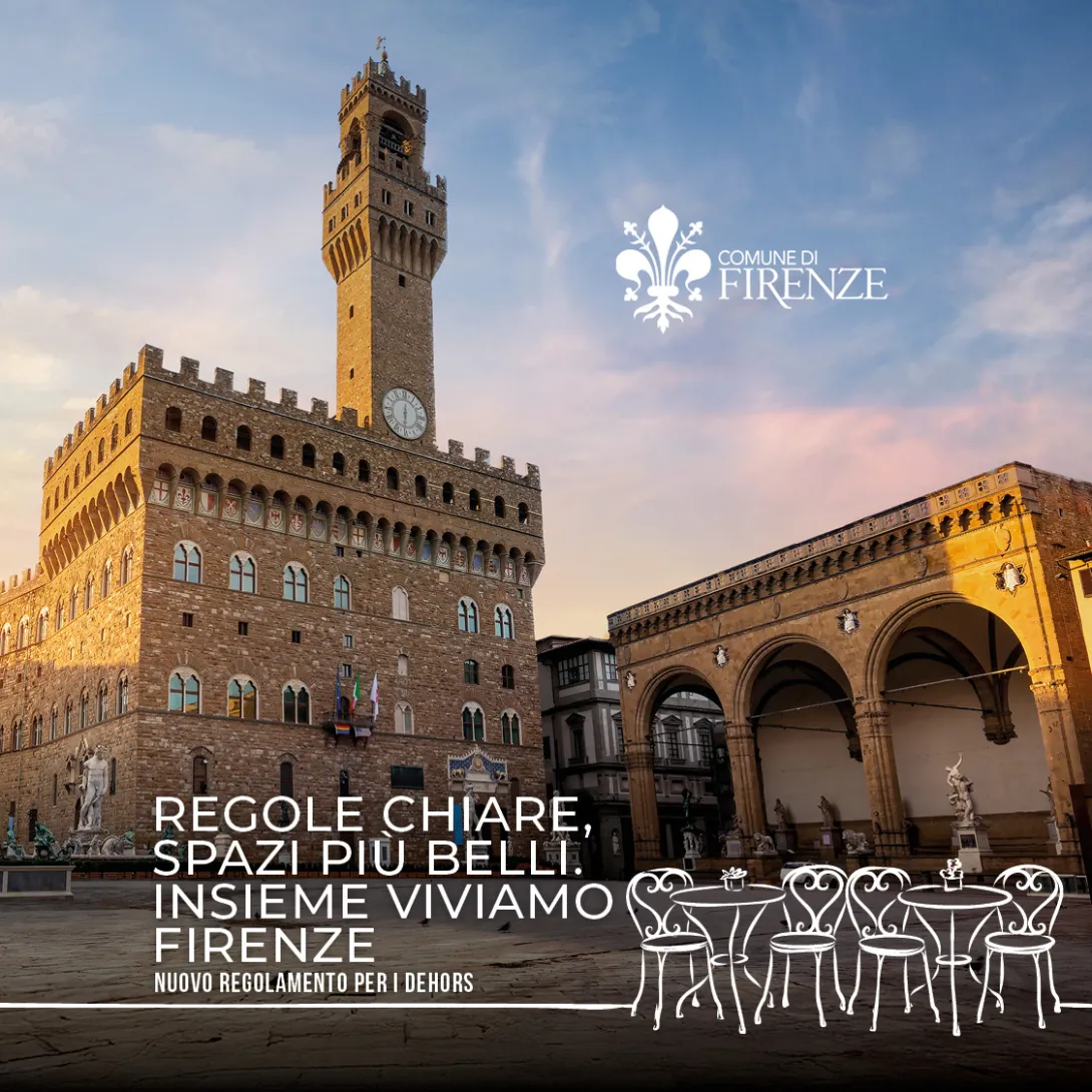 palazzo vecchio con grafica di tavolini e sedie in piazza signoria